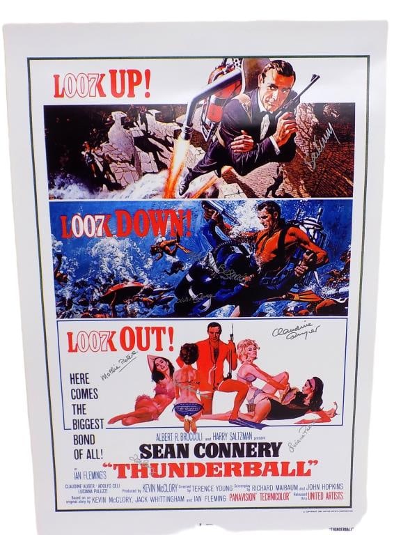JAMES BOND THUNDERBALL CAST SIGNED MOVIE POSTER: Classic James Bond 007 Spy Movie Thunderball Movie Poster Reprint. Signed By Cast Members: Sean Connery, Claudine Auger, Luciana Paluzzi, Mollie Peters, Marine Beswick, Lois Maxwell, Earl Cameron and