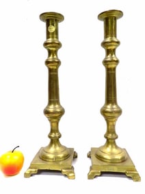 MONUMENTAL CASTLE SIZE TURNED BRASS CANDLESTICKS