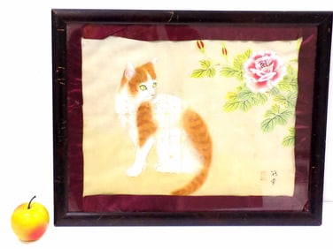 CHINESE CAT AND BLOSSOMS SIGNED SILK WATERCOLOR
