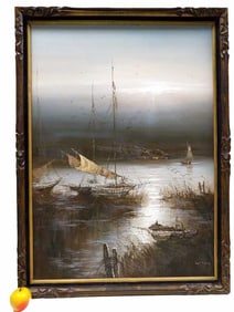 LUMINIST BOATS AT HARBOR SIGNED PAINTING