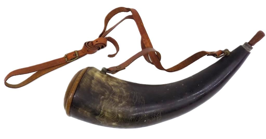 AMERICAN EAGLE SCRIMSHAW BUFFALO POWDER HORN: Antique Buffalo Powder Horn. Detailed American Eagle E. Plurius Unum Scrimshaw. Carved Wooden Cap, Leather Carrying Strap. Total Length 11.50