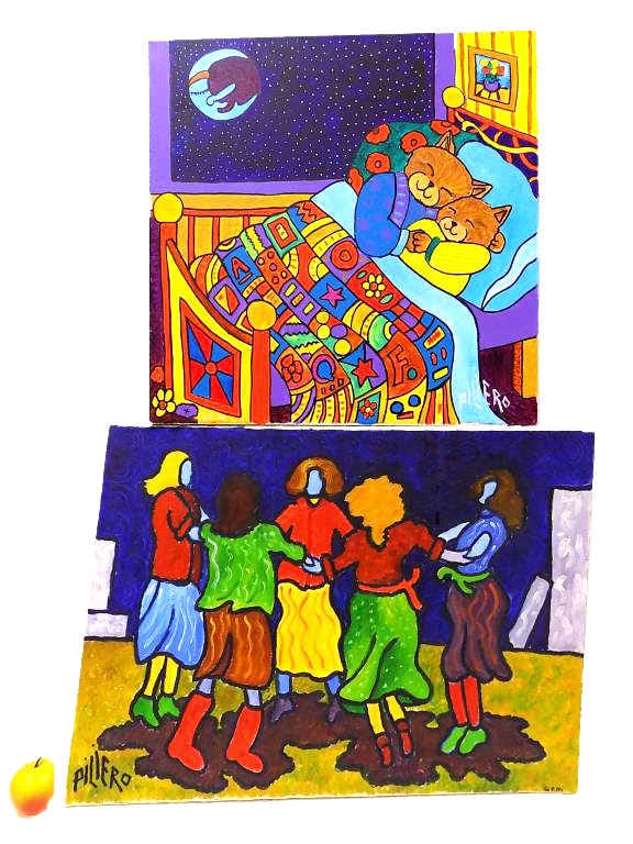 PILIERO - VIBRANT OUTSIDER ART PAINTINGS: Nick Piliero - American New York 20th Century - Pair of Vibrant Outsider Art Paintings. Circle of Friends and Dreaming Cats. Oil on Canvas. Each Signed. Artist Info Rear. 22" x 30" & 24" x 24" Bonus A
