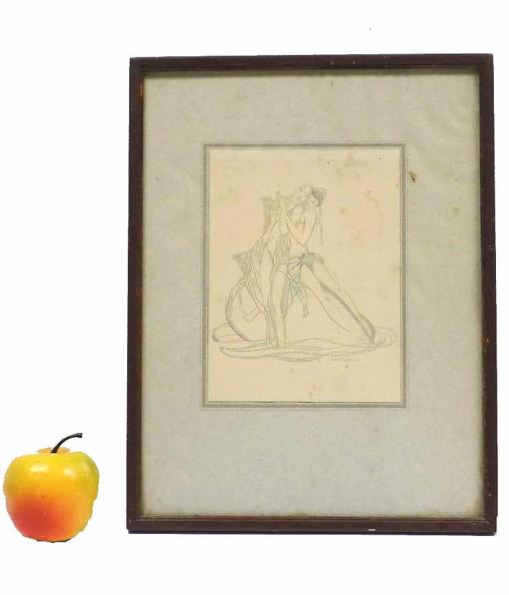 JOHN AUSTEN - EROTIC COUPLE LITHOGRAPH: John Austen - England 1886-1948 - Art Nouveau Style Erotic Couple Lithograph. Dated 1924. 10" x 13" Framed.