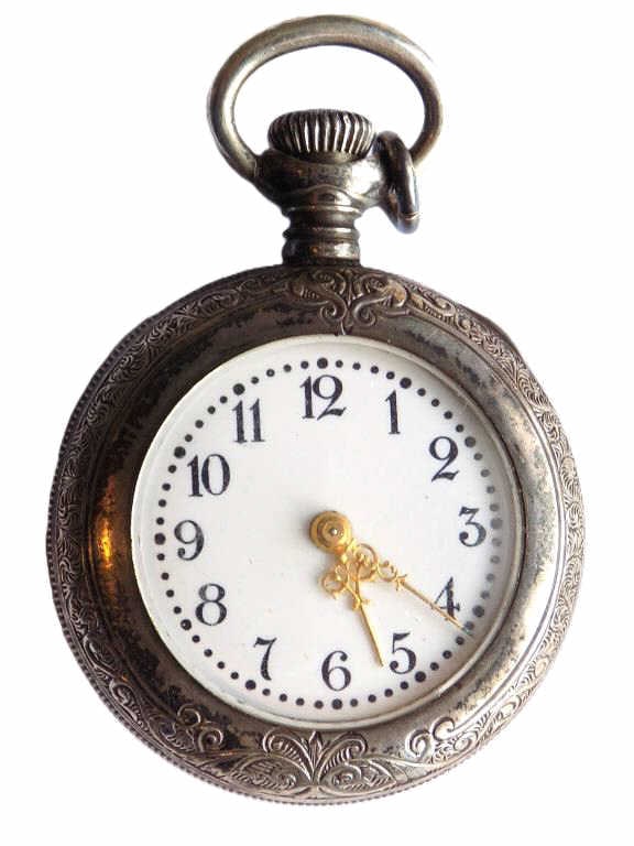 FANCY NE WATCH CO STERLING SILVER POCKET WATCH: Antique NE Watch Company Cavour Model Pocket Watch. Fancy Engraved Sterling Silver Case with Genuine Gold Hands. Approximately 1.25" Length Needs service