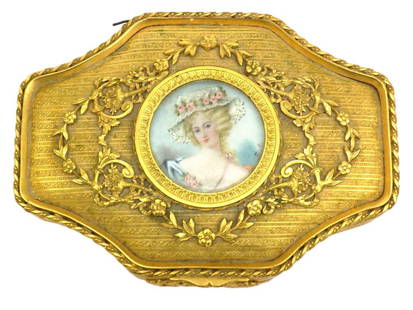 FANCY VICTORIAN GOLD GILT MAIDEN DRESSER BOX: 19th Century Fancy Victorian Gold Gilt Bronzed Metal Dresser Box. Exceptional Decoration with Surrounding Floral Wreaths and Bellflowers. Lidded Top Features Lovely Maiden Hand Painted Watercolor Port