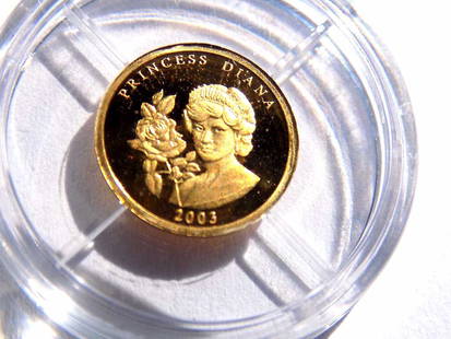 AMERICAN MINT PRINCESS DIANA 585 GOLD COIN: American Mint Princess Diana Proof Quality 585 Solid Gold Coin. Coat of Arms Reverse. 11 mm. Certificate of Authenticity.
