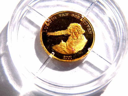 AMERICAN MINT LUDWIG BEETHOVEN 585 GOLD COIN: American Mint Ludwig Beethoven Proof Quality 585 Solid Gold Coin. Coat of Arms Reverse. 11 mm. Certificate of Authenticity.