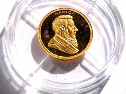 AMERICAN MINT KRUGERRAND ANNIVERSARY 585 GOLD COIN: American Mint Gold Krugerrand 40th Anniversary Commemorative Proof Quality 585 Solid Gold Coin. Coat of Arms Reverse. 11mm. Certificate of Authenticity.