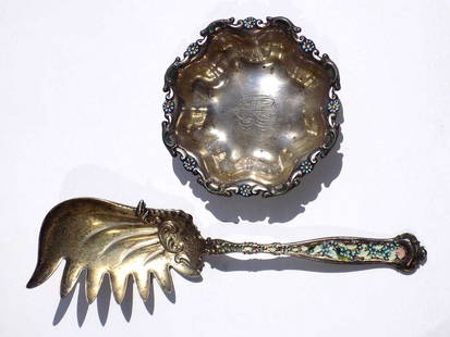 FANCY VICTORIAN WHITING STERLING SERVER & BOWL: 1896 Whiting Company Victorian Sterling Silver and Polychrome Enamel Serving Piece and Matching Bowl. Fancy Scrolled Design with Applied Floral Enamel. 6.28" Troy Oz