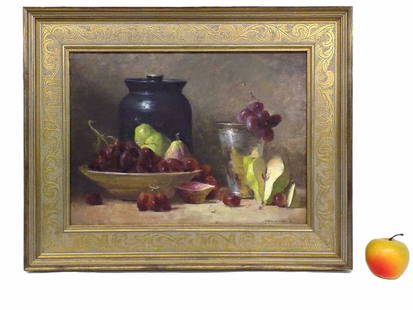CAROL FORTUNATO - MASTERFUL STILL LIFE PAINTING: Carol Fortunato - American Italian 20th Century - Masterfully Painted Table Still Life Painting. Utilizing Light and Reflection. Depicting Fruit Bowl, Stoneware Crock and Silver Cup. Signed and Dated