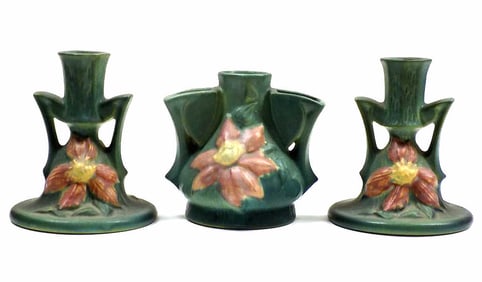 ROSEVILLE TEAL CLEMATIS CANDLESTICKS FLOWER FROG