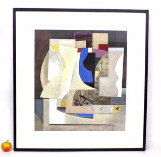 EMERSON DIALOGO EN LA MESA II ABSTRACT MIXED MEDIA: R. Emerson - American 20th Century - Big Abstract Mixed Media Lithograph. Entitled Dialogo En La Mesa II. Artist Hand Numbered, Titled and Signed Lower Margin. 35" x 37" Midcentury Frame. Provenance: