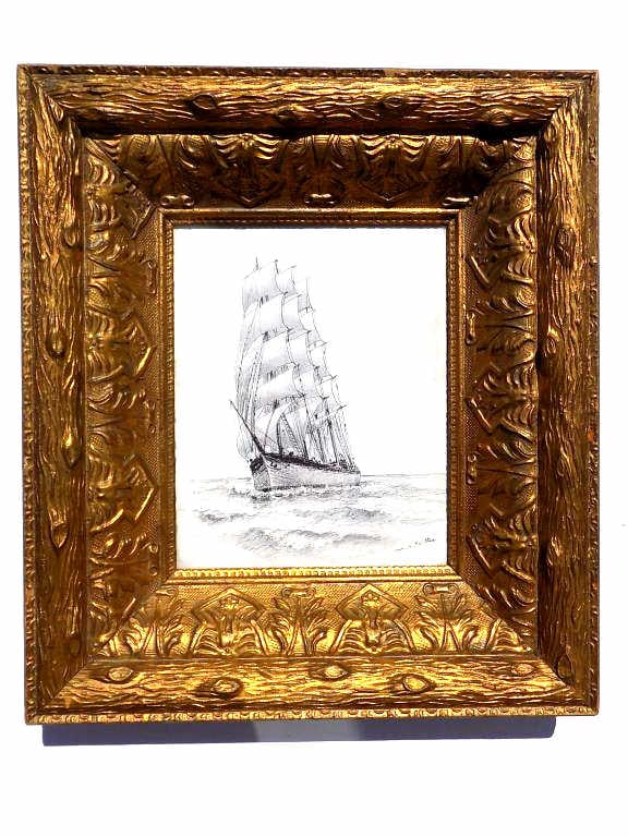 WILLIAM ALEXANDER COULTER - CLIPPER SHIP PEN & INK: William Alexander Coulter - American 1849-1936 - Pen, Ink and Graphite on paper of a Clipper Ship Sailing on the Ocean. Signed lower right. 8" x 10" Sight Size. 14" x 16" 19th Century Gilt Frame.