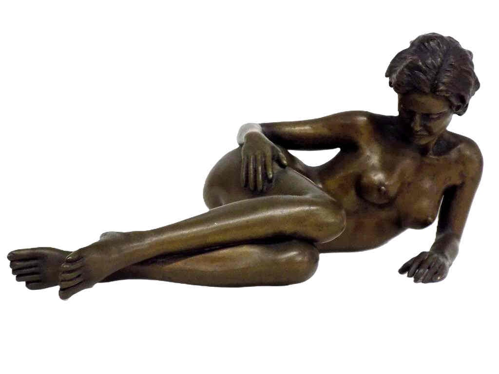 E.S. - REALIST NUDE LADY BRONZE SCULPTURE: E.S. 20th Century - Antique Realist Nude Lady Bronze Sculpture. Height 3.50" x Length 7" 4 lbs. Old Patina. From A Prominent New York Estate