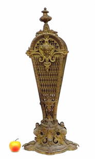 RENAISSANCE REVIVAL BRONZE FIREPLACE FAN SCREEN: 19th Century Renaissance Revival Bronze Fireplace Screen. Detailed Design Depicting Maiden Medallion Head with Roaring Lion Base. Fancy Folding Fan Design. Height 33" x Base Length 13.50". Old patina,