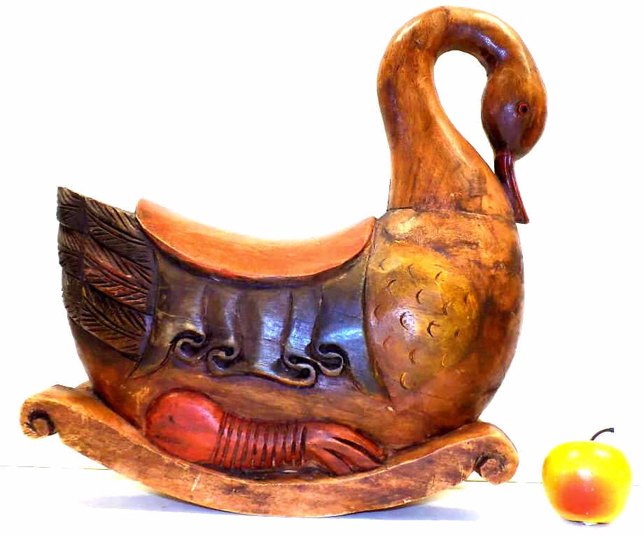 FOLK ART ROCKING SWAN WOODEN TOY: Big Antique Folk Art Carved Wooden Rocking Swan Children's Toy. Hand Painted. Height 18" x Length 17". Patina