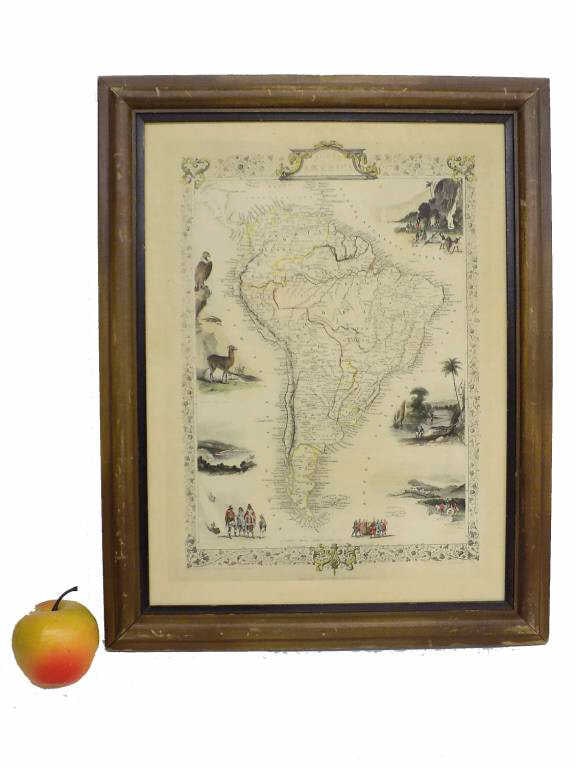 TALLIS AND COMPANY SOUTH AMERICA MAP: John Tallis and Co New York , London South America Map probable reprint ? Color Vignettes. 14.50" x 18.50" Framed.