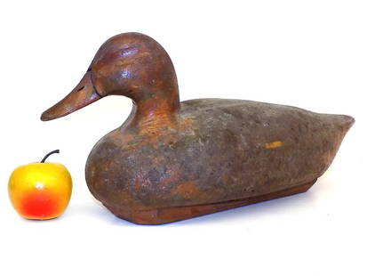 AMERICAN FOLK ART WOODEN DUCK DECOY: Vintage American Folk Art Duck Decoy. Hand Carved and Painted Wooden Head with Cork Body. Height 8.50" x Width 7" x Length 18"