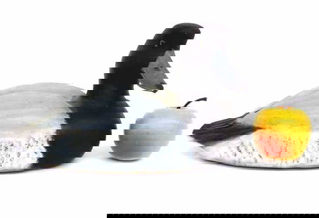 JERRY C. PREMUTO - FOLK ART CARVED DUCK DECOY: Jerry C. Premuto - American Mount Vernon New York 20th Century - Vintage Folk Art Carved and Painted Wooden Duck Decoy. Artist Label Base. Height 6.50" x Length 11.50"