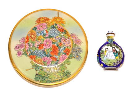JAPANESE AND CHINESE PORCELAIN BOX & SNUFF JAR: Antique Japanese Porcelain Lidded Box. Hand Painted with Floral Bouquet. Diameter 4.50". Chinese Miniature Snuff Jar with Porcelain over Copper. Depicts Figures. Height 2.25"