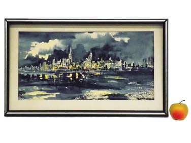 MIDCENTURY NEW YORK CITY NIGHT SCENE WATERCOLOR