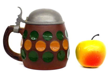 ANTIQUE GERMAN GESCHULZT DOTS BEER STEIN: Antique German Geschulzt .5 Liter Beer Stein. Multi Color Pottery with Pewter Lid. Arts and Crafts Design. Base Insignia, Marks. Height 5"