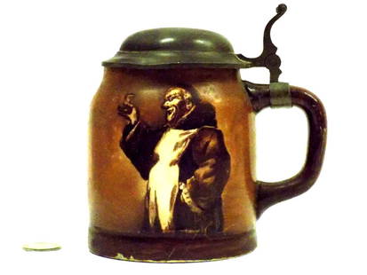 1800'S GERMAN DRINKING MONK BEER STEIN: Possible Lennox Prototype (unsigned) 1800's German Pottery Stein. Painted and Glazed Scene of a Drinking Monk and Beer Barrels in Brown Sepia Color. Pewter Lid with Fancy Thumb Piece. 1/2 Liter. Heigh