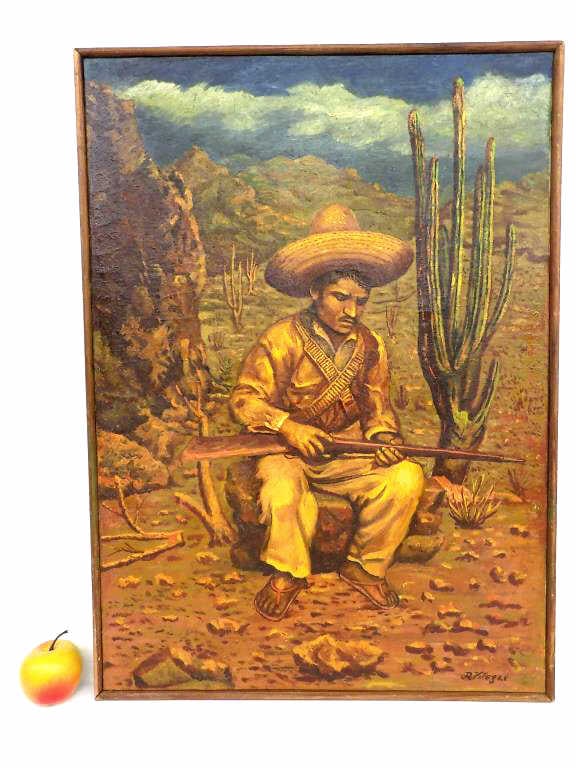 RENATO VILLEGAS - GUERRILLA SOLDIER PAINTING: Renato Villegas Latin American b 1936 - Mexican Guerrilla Soldier With Rifle Painting. Oil on Canvas. Signed Lower Right and Rear Dated 1966 20.50" x 28" Teak Frame. Provenance: Prominent New York Est