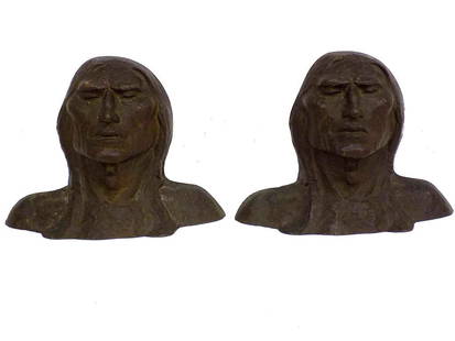 WEST - AMERICAN INDIAN HEAD BRONZE BOOKENDS: West - Circa 1913 Antique Pair of Old Western Native American Indian Head Bronze Bookends. Highly Detailed Casting. Resembles Sculptures By Charles Russell and Frederic Remington Height 5.50" x Length