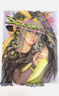 MARAZZEO - BEAUTIFUL MODEL MIXED MEDIA: Joe MarAzzio - American 20th Century - Beautiful Lady Mixed Media Lithograph entitled Nauni. Artist Embellished Silver Outlines. Artist Signed and Numbered Lower Margin. 26" x 40"