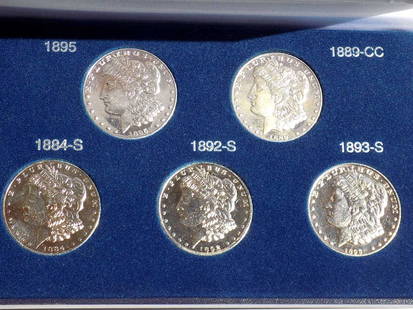 MILLION DOLLAR MORGAN COLLECTION SILVER COIN SET: Million Dollar Morgan Silver Dollar Commemorative Coin Set. Contains 5 Mint Pure Silver copies