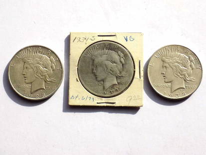 US MINT LIBERTY HEAD SILVER PEACE DOLLARS LOT: United States Mint Lot of 3 Liberty Head Peace Dollars. Including:1923D, 1934S, 1935