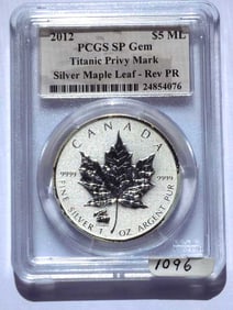 2012 $5 SILVER MAPLE LEAF TITANIC MARK PCGS SP GEM