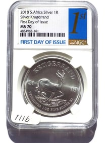 2018 SOUTH AFRICA 1R SILVER KRUGERRAND MS70 1ST IS