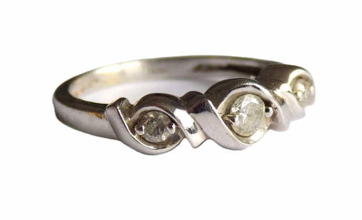 MODERN DESIGN 10K WHITE GOLD TRIPLE DIAMOND RING: Modern Twist Design Solid 10k White Gold Triple Diamond Ring. Maker & Gold Mark Inside. Size 5 1/2"