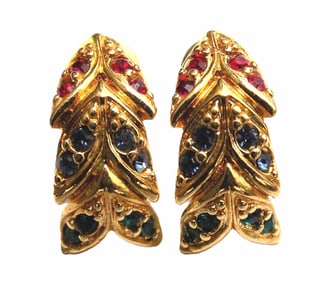 ELEGANT 14K GOLD RUBY TOPAZ EMERALD EARRINGS