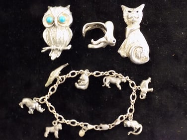 VINTAGE ANIMAL SILVER PINS RING CHARM BRACELET LOT