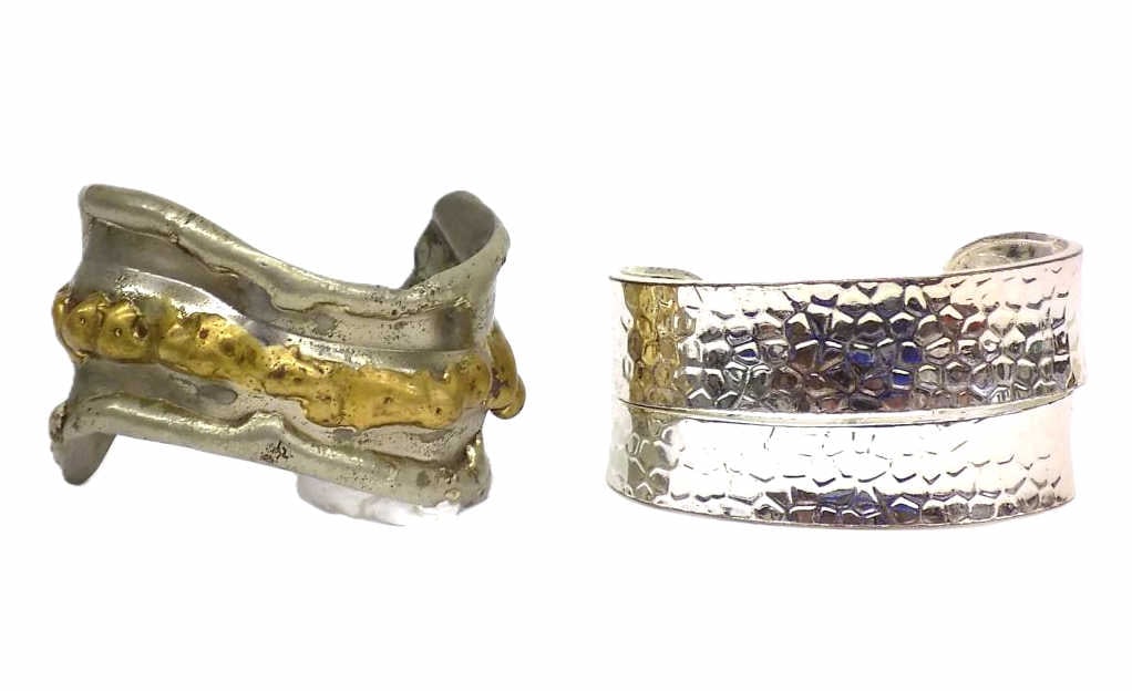 MIDCENTURY CUFF BRACELETS W/ ALAN JACOBSEN: Midcentury Modern Cuff Bracelets. Including Brutalist Silver and Brass Signed Alan Jacobsen. Along with a Silver Chrome Hammered Design