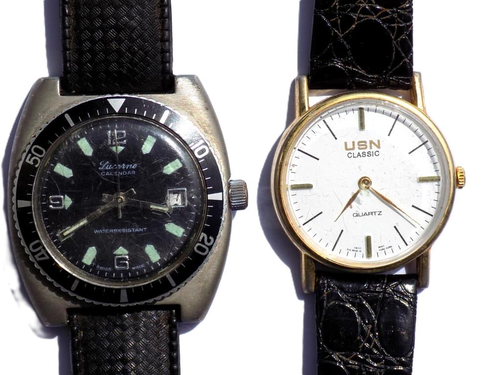 LUCERNE DIVER & USN CLASSIC WRISTWATCH LOT: Vintage Men's Wristwatch Lot. Including Lucerne Calendar Diver with Glow in The Dark Face with Date, Rotating Dial 5 ATM Waterproof Case with Rubber Strap. Swiss Movement. Time Wannel Electronic Co Lt