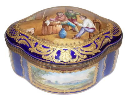 EXCEPTIONAL SEVRES PORCELAIN JEWELRY BOX 1753 MARK: Exceptional Sevres Porcelain Jewelry / Vanity Box. Detailed Hand Painted Interior Scene with Smoking Gents at Leisure. Surrounding Country Landscape Scenes. Cobalt Blue Ground with Gold Gilt Shells an