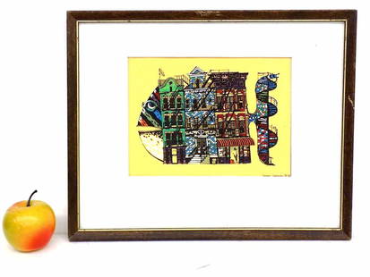 SERGEY GORYANSKY - SURREALIST FISH GOUACHE: Sergey Goryansky - Russian American 20th Century - Surrealist Watercolor Gouache Painting Depicting Architectural Buildings in a Fish Form. Signed & Dated lower right. 12" x 15" Framed.