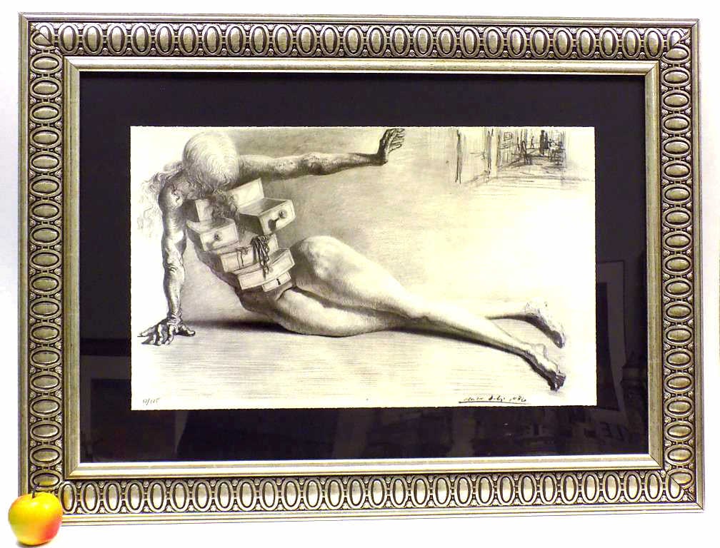 SALVADOR DALI - RECLINING NUDE LITHOGRAPH: Salvador Dali - Spanish 1904-1989 - Reclining Nude with Drawers Offset Lithograph. Numbered Edition of 175. Certificate of Authenticity Rear. Ornate Embossed Silver Wood Frame Measures 27" x 30"