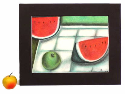 ABSTRACT WATERMELONS DRAWING SIGNED TAMAYO: Abstract Fruit Still Life Drawing Depicting an Apple and Watermelons. Signed Tamayo and Dated.. Conte Crayon on Paper. 16" x 20" Matted.