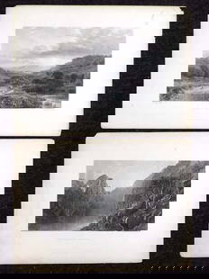1800'S LANDSCAPE ENGRAVINGS COLE JASPER CROPSEY: 2 19th Century Circa 1800's Landscape Steel Engravings. Including G. Cole Sunset Sussex, Jasper Cropsey Echo Lake New Hampshire. Each 11" x 15" Suitable for Framing.