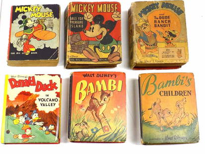 1940'S DISNEY LITTLE BOOKS LOT MICKEY MOUSE BAMBI: Rare 1940's Better Little Books Lot. Including Walt Disney's Mickey Mouse The Mail Pilot, Sails For Treasure Island (incomplete), Mickey and The Dude Ranch Bandit, Donald Duck in Volcano Valley, Bambi