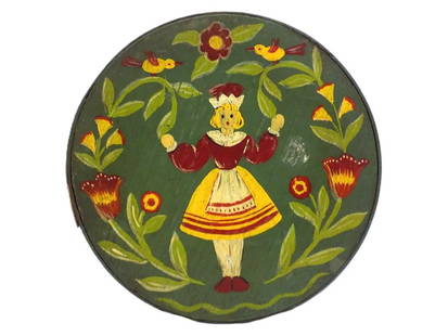 19TH CENTURY PENNSYLVANIA FOLK ART PANTRY BOX: 19th Century Pennsylvania Dutch Folk Art Pantry Box. Whimsical Painting of A Girl Surrounded by Tulip Flowers and Birds. Old Green, Red and Yellow Paint on Pine Wood. Diameter 7.50" x Height 3.50" Pro