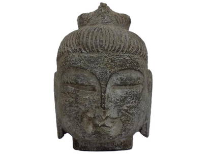 ANCIENT CHINESE CARVED STONE HEAD OF BUDDHA: Ancient Chinese or Tibetan Carved Stone Head of Buddha. Height 5 1/2" Museum Quality. Old Patina From a Prominent New York Estate Collection.