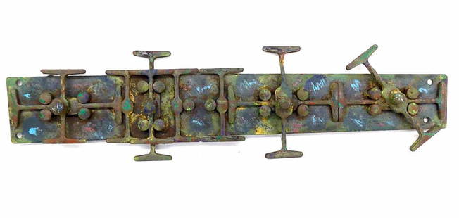 BARZAL - MODERN ART GEOMETRIC STEEL SCULPTURE: Barzal - American 20th Century - Abstract Modern Art Mixed Media Geometric Steel Sculpture. Hand Painted in Bronze Vertigris Tones. Signed, Dated Rear. 6.25" x 25.50"