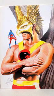 DC JUSTICE LEAGUE ATOM HAWK MAN ROSS SIGNED PRINT: DC Comics Justice League of America Superheroes The Atom and Hawk man Color Poster Print on Foam Board. Hand Signed by Famous Comic Book Artist Alex Ross in Gold Ink. Large Size 22" x 34: