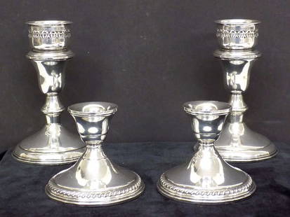FANCY STERLING SILVER CANDLESTICKS TOWLE PRESNER: 2 Fancy Pairs of Sterling Silver Candlesticks. Including: Towle Pattern 94 with Reticulated Tops, Presner Pattern 99 with Gadrooned Base. Height 5.50" and 3"